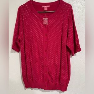 NWT! Woman Within Bright Pink With White Polkadot Button Up Size Large Sweater